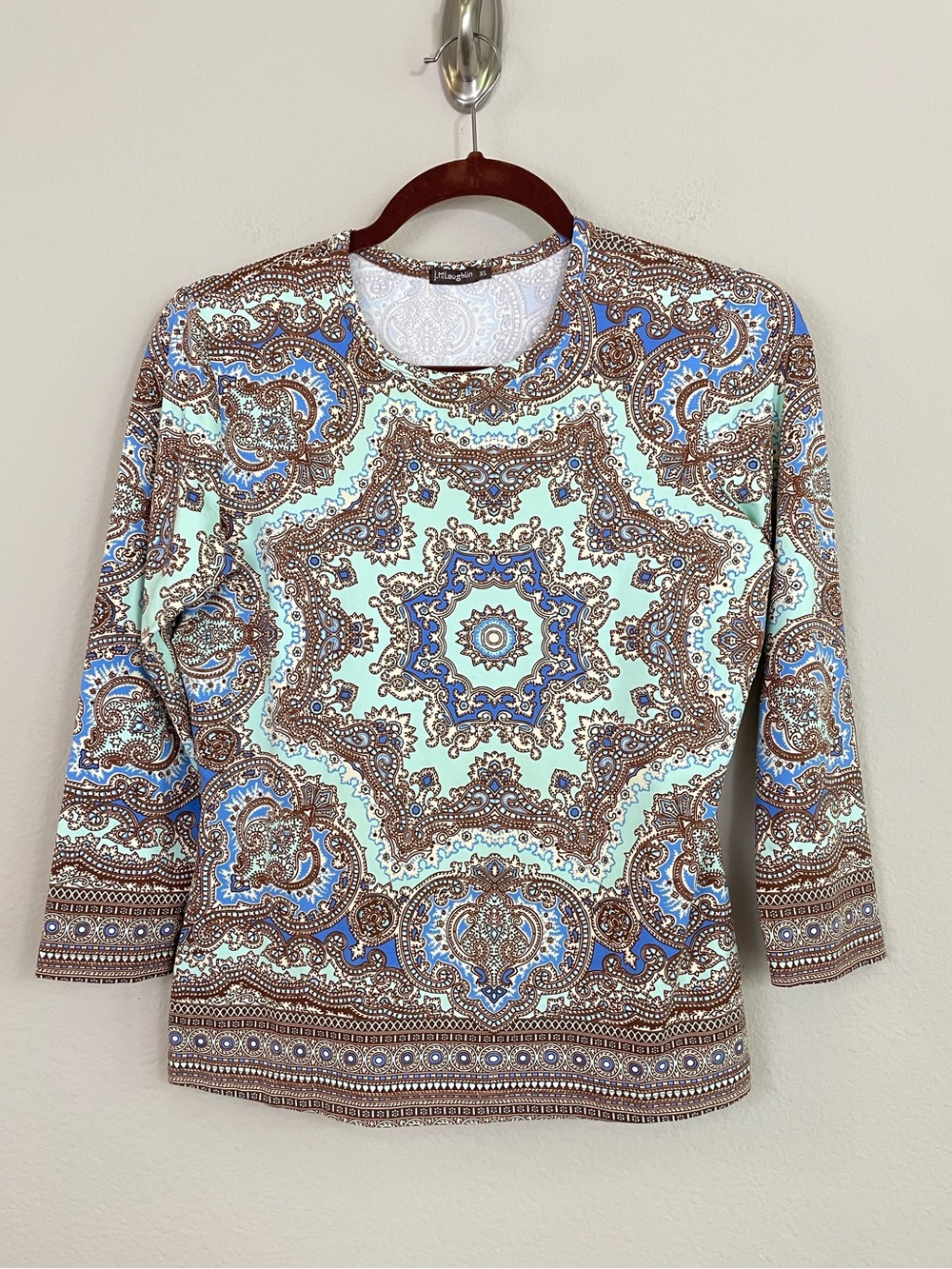 J. McLaughlin Signature Tee 3/4 Sleeves Paisley Print Top Catalina Cloth Size XS